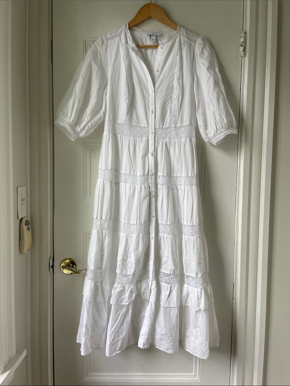 LoveShackFancy White Tiered Button-Front Midi Dress